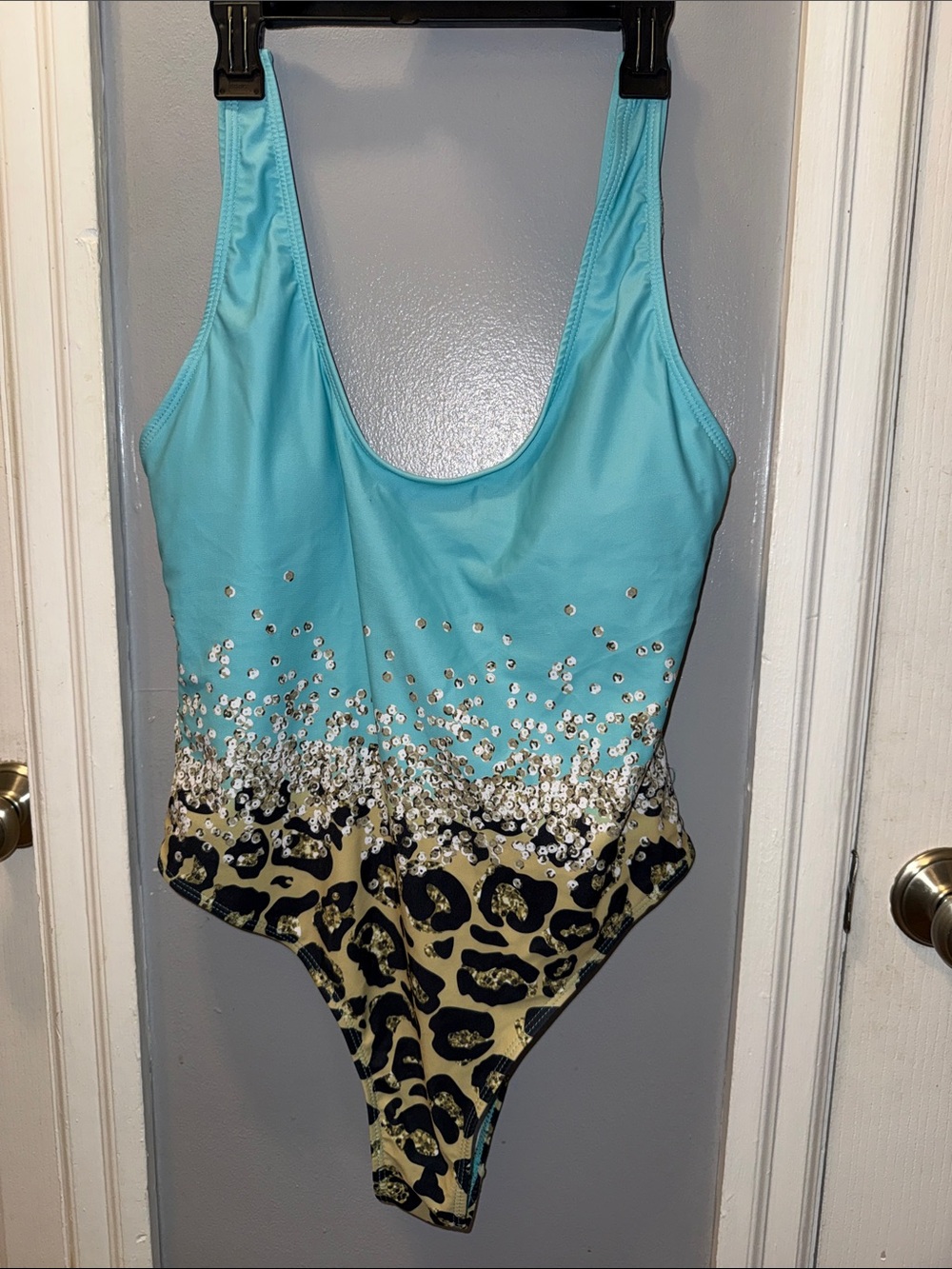 Women’s Turquoise & Leopard Print One-Piece Swimsuit with Sequin Detail